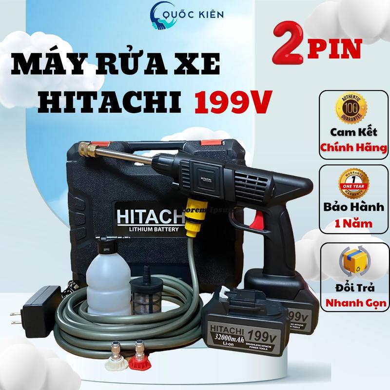 Máy Rửa Xe Cầm Tay 2 Pin HiTaChi 199V - Máy Xịt Rửa Sân Vườn, Xịt Rửa Cao Áp Có Tạo Bọt Tuyết,Tiết Kiệm Nước Bảo Hành 1 Năm
