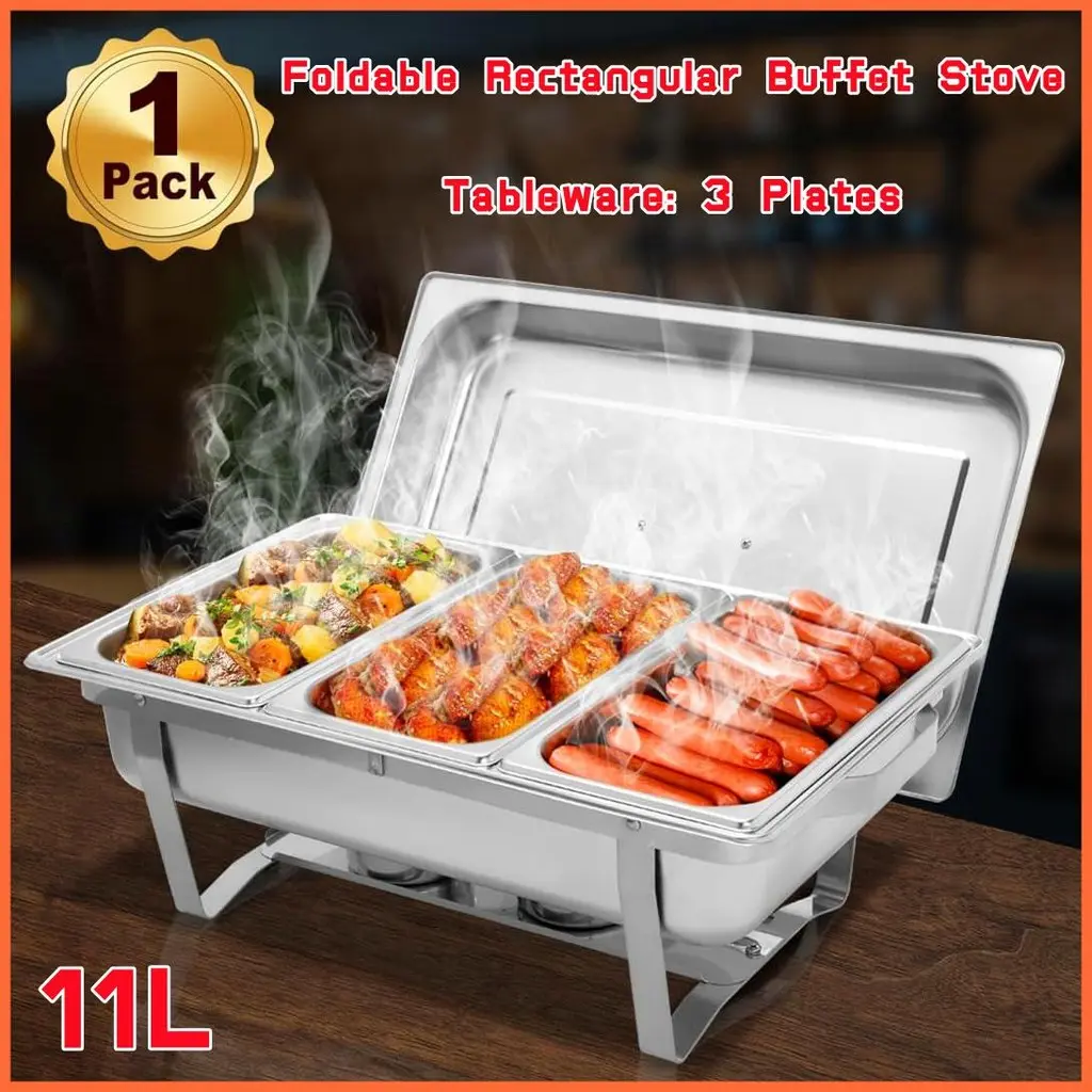 【SG Local Seller】Chafing Dish Buffet Set, Stainless Steel Catering Serve Chafer, NSF Restaurant Food Warmer, Rectangular Buffet Stove with 3 1/3 Size Food Pans and Foldable Frame for Party (1 Pack)