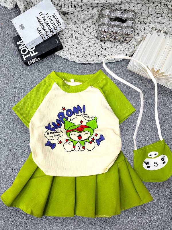 [8-22kg] Set áo vải gân tăm in hình + Váy (có lót) vải Cotton lạnh kèm túi đeo cho bé gái mặc đi học, đi chơi (TT004, TT027, TT140) 1