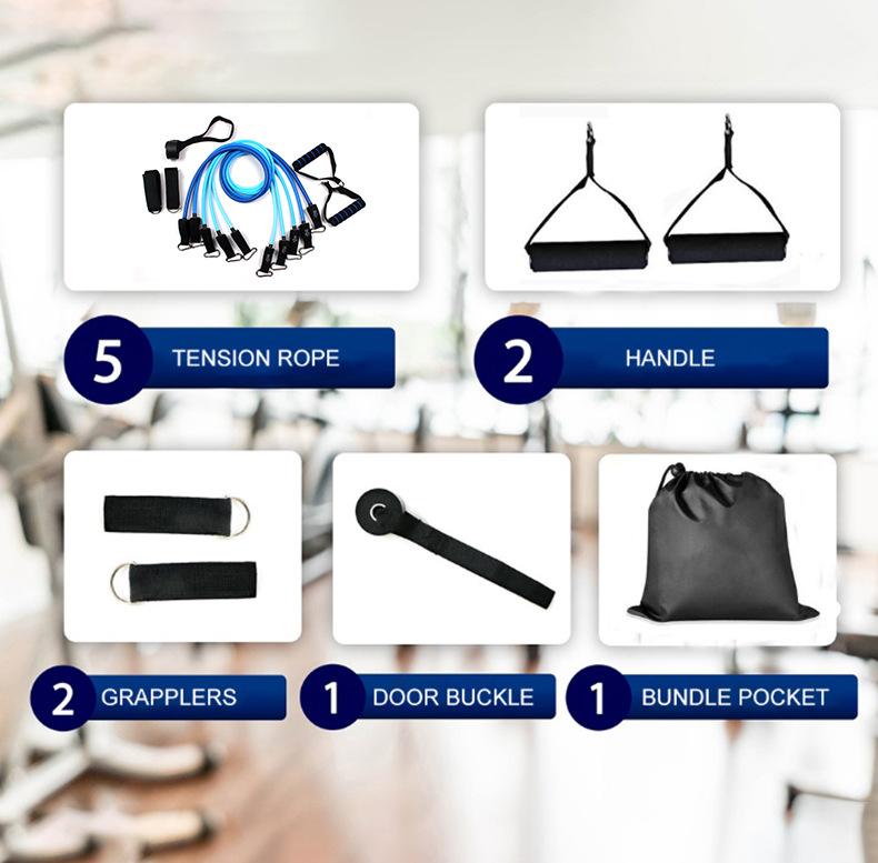 Product Introduction of 11-Piece Set Chest Expander Multifunctional Drawstring Tension Band Muscle Training Fitness Equipment Set Resistance Band infinity hoop gym  roller  machine 6