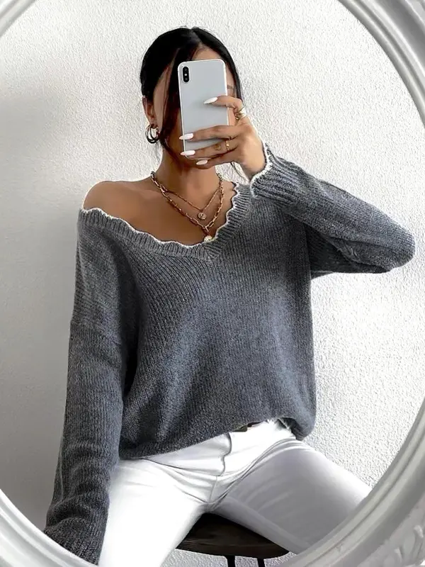 Women's Scallop Trim Drop Shoulder Sweater, Casual Long Sleeve V Neck Jumper for Fall & Winter, Comfy Fall Outfits for Women 0