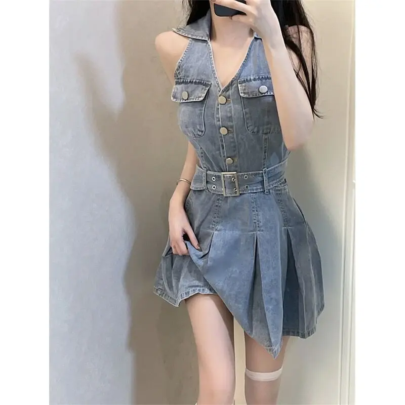 Gaun Anduh Denim Musim Panas, Skirt dan Skirt Ekor Ikan, Slim Fit, Pinggang, Fesyen Baru, Tunik Ketat Seksi, Skirt Pendek Garisan, untuk Wanita  Lengan Casual