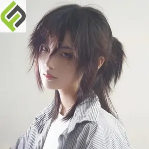 【Baru 2023】Serigala Ekor Mullet Kepala Wig Pria Keren Wig Dapat Diikat dengan Penuh Alami Penutup Kepala Wig Rambut Pria    -Pengiriman cepat Coklat