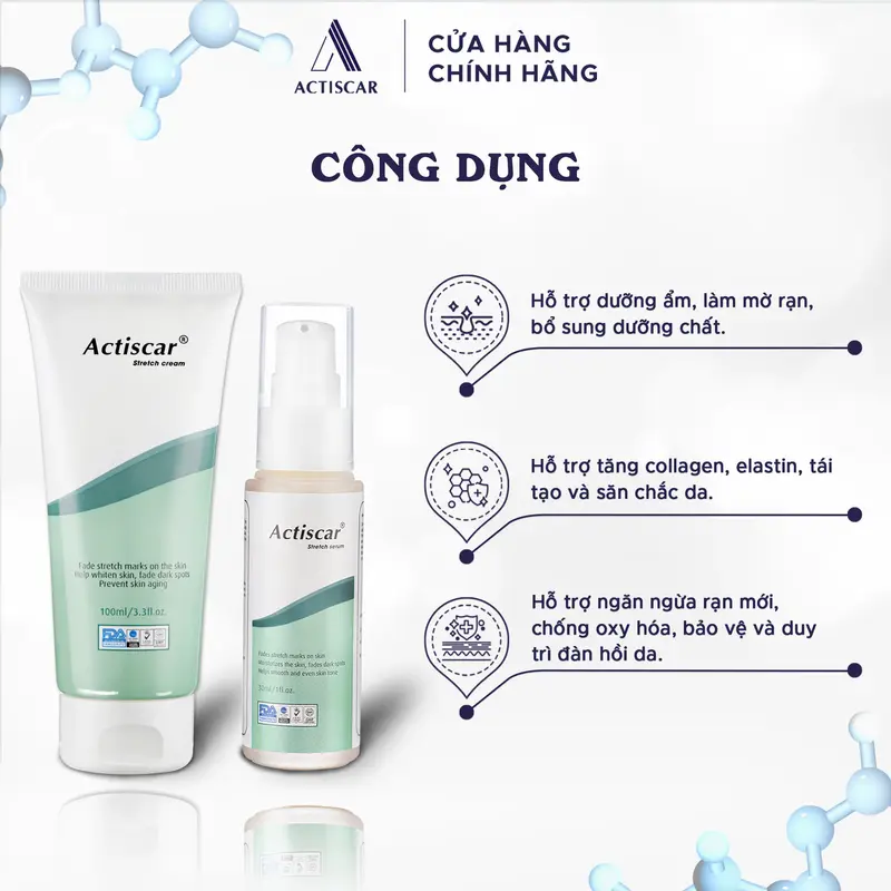 ACTISCAR Combo mờ rạn da - Hỗ trợ ngăn ngừa hình thành rạn mới, dưỡng ẩm, mờ rạn và tái tạo da (Serum 30ml và Kem 100g) 1