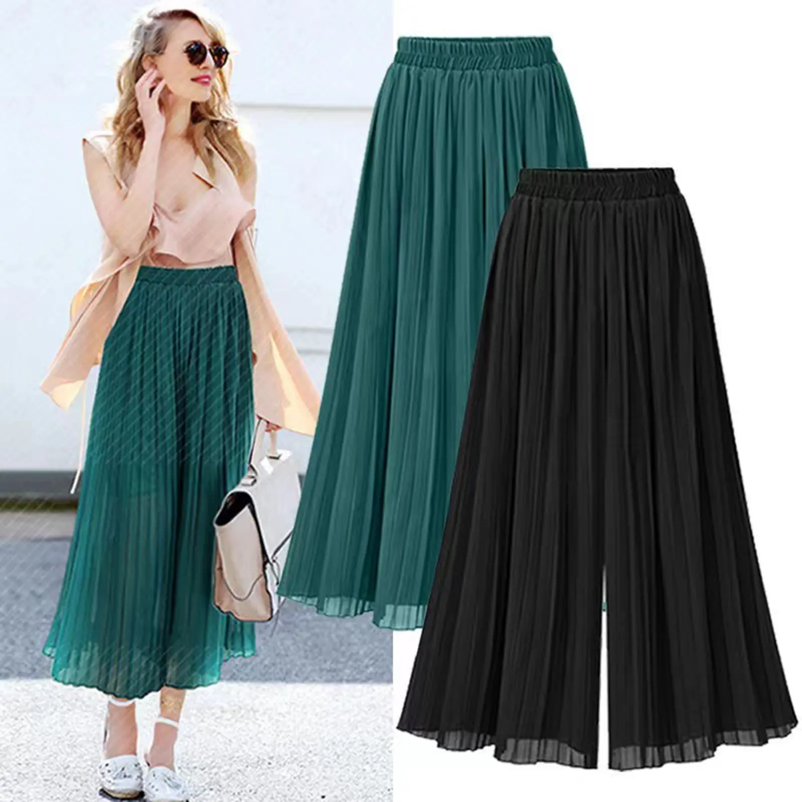 Quần Váy Hai Lớp Cho Nữ, Chân Rộng, Đáy Quần Sâu, Lỏng Lẻo, Cạp Cao, Váy Xếp Ly, Eo Co Giãn, Quần Cắt Xén, Quần Áo Nữ