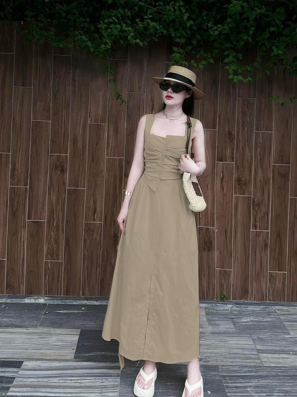 Sét Áo Sơ Mi Nữ Cộc Tay Sát Nách Kèm Chân Váy,Áo Hai Dây Kaki Đi Biển Dạo Phố,Chân Váy Nữ Dáng Suông Mịn Kaki Nâu,Đầm váy 2 dây cổ vuông chiết eo dáng xoè Váy hai dây dáng dài tiểu thư đi biển đi chơi S835 Kem Women Dress ống bo đen đễ thương bộ Top Ong