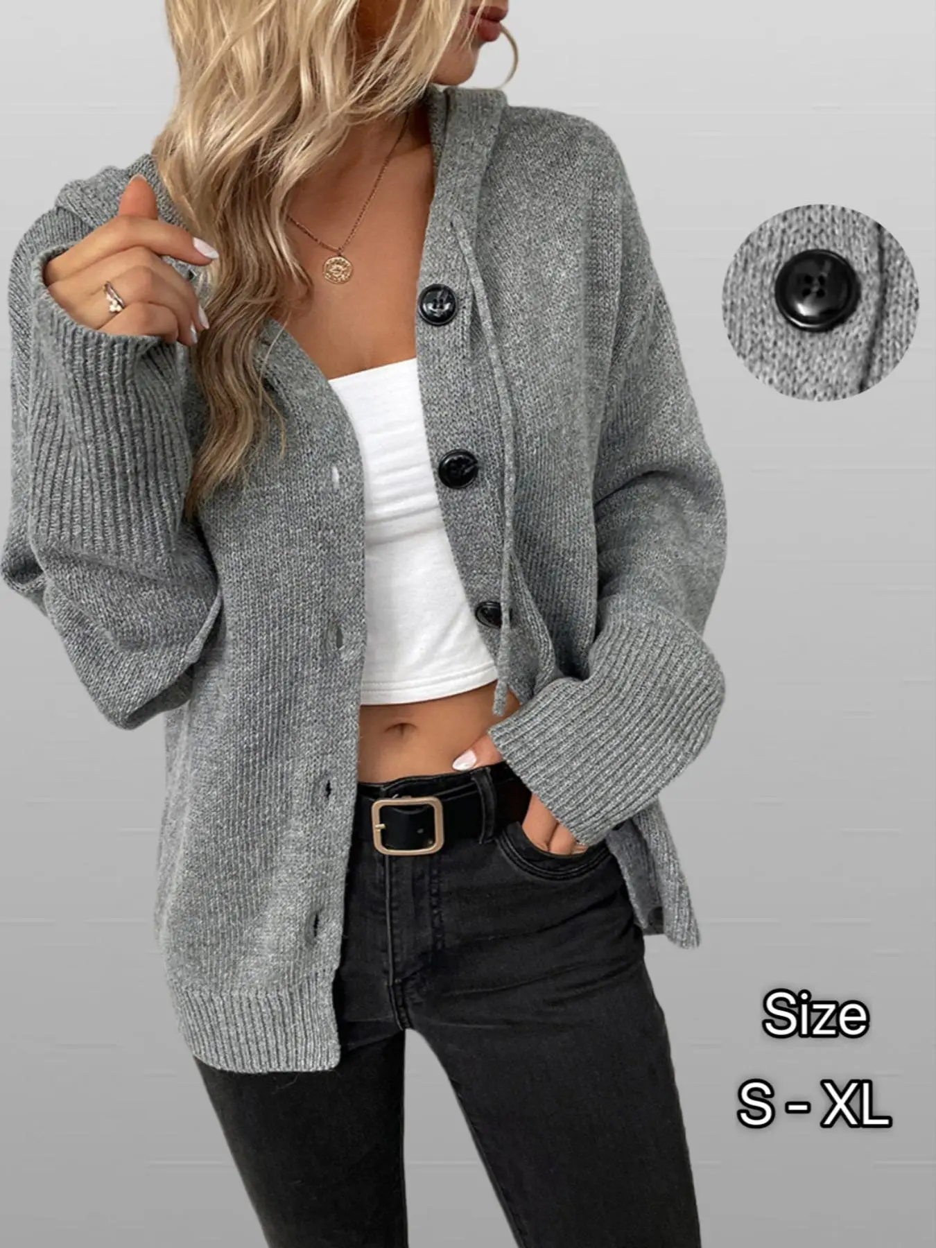 Women's Plain Button Front Drawstring Hooded Cardigan, Casual Drop Shoulder Long Sleeve Knitwear for All Seasons, Women's Knit Clothing for Daily Wear, Womenswear