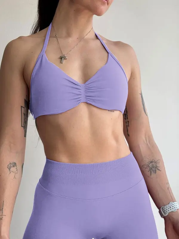 Women's Solid Color Ruched Design Halter Sports Bra, Casual Comfy Breathable Backless Bra for Yoga Gym Workout, Ladies Sportswear for All Seasons, Workout Clothes Women 1