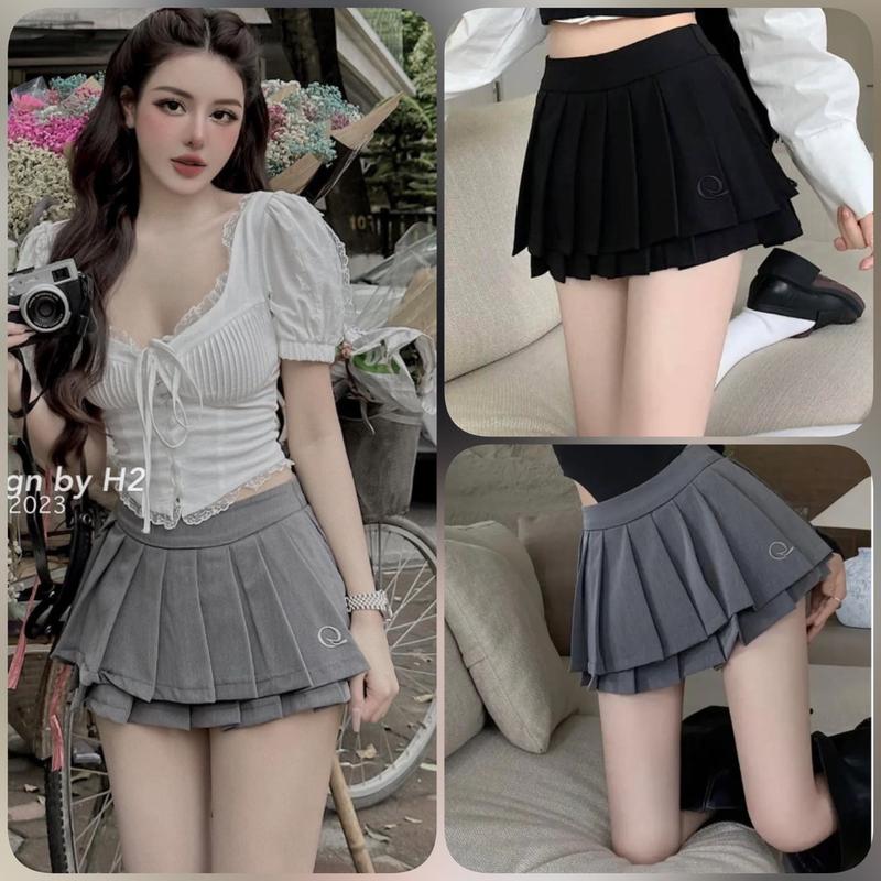 [Hàng Đẹp-có BigSize] Chân váy xòe xếp ly nữ ngắn đẹp thêu chữ Q,Chấn váy tennis đi chơi 2 tầng phong cách hàn quốc trẻ trung.  Xẻ Tà Đen