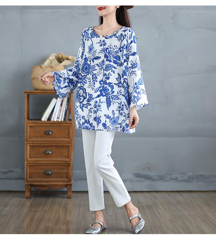 Product Introduction of Kemeja-T Lengan Panjang Wanita Bersaiz Besar, Gaya Etnik Artistik Baru, Porselin Biru dan Putih, Longgar, Serba guna, Sesuai untuk Gaya Kasual Muda, Atasan Setengah Panjang Blouses Shirts Tops Linen 5
