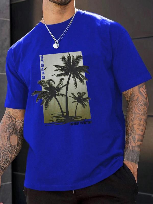 Men's Coconut Tree & Letter Print Drop Shoulder Sleep Tee, Regular Fit Casual Soft Comfortable Short Sleeve Round Neck Pj T-shirt for Daily Wear, Sleepwear Loungewear for Men, Summer Tops, Menswear 4