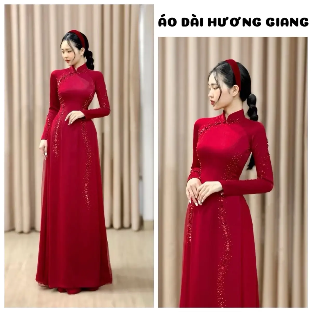Áo dài cô dâu hoạ tiết đính kết thủ công màu đỏ trung -Áo Dài Hương Giang- tà dài 140cm,tay dài,size từ S-3XL Women Nữ Màu đỏ Áo Cưới Dress