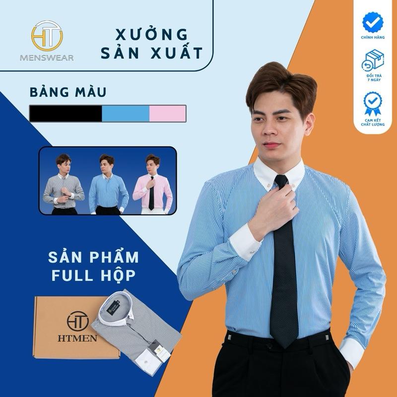 Áo sơ mi kẻ phối tay cổ trắng Luxury, Thiết cố button down thời trang nam HT Menswear Shirt