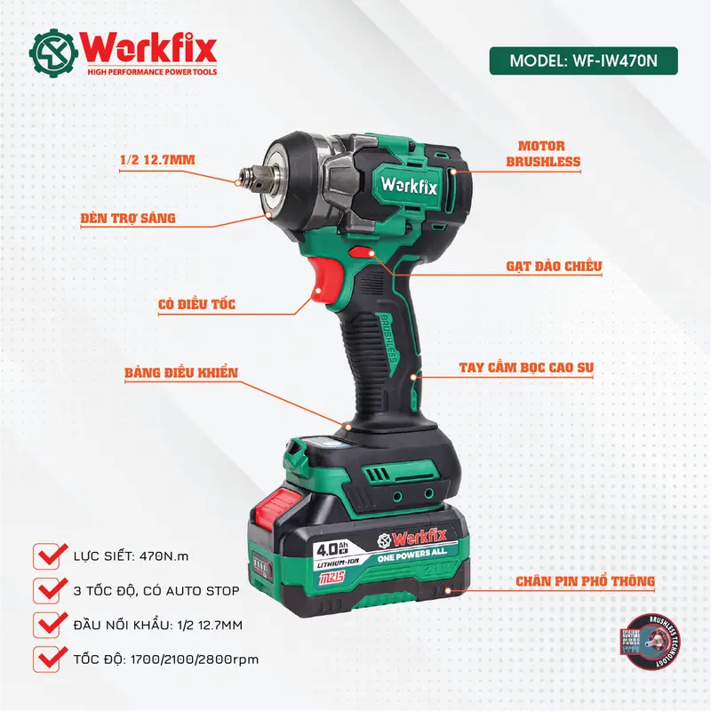[ Tặng 25 phụ kiện] Máy Siết Bulong Workfix 470N.m - Đa Năng 2 In 1 - IW470NBL - Motor Brushless - Chân Pin Phổ Thông 2 Pin 21V/4Ah - Bảo Hành Chính Hãng 6
