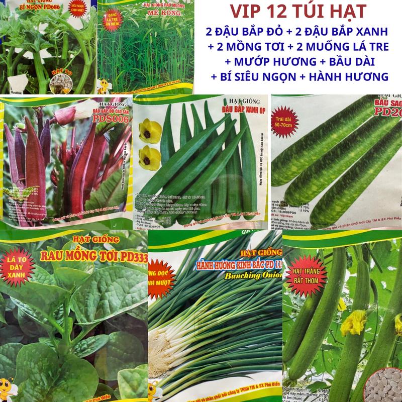 VIP 12 TÚI HẠT GIỐNG Gồm; 2 đậu Bắp đỏ + 2 đậu bắp xanh + 2 Mồng tơi + 2 Muống lá tre + Bầu dài + Mướp Hương + Bí Siêu ngọn + Hành Hương