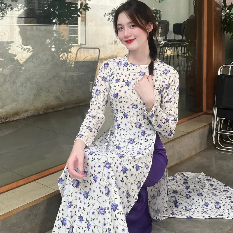 Bộ áo dài lụa in 3D cao cấp kèm quần lụa sang trọng. Women Nữ 7