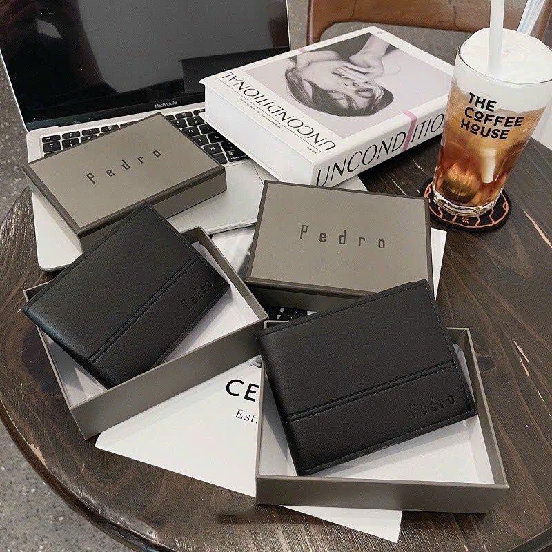 Full hộp + Túi giấy ví da nam PEDRO qc xịn xò có 3 ngăn chính và 6 ngăn phụ có ngăn khoá kéo Wallet Kem Hình Chữ Nhật