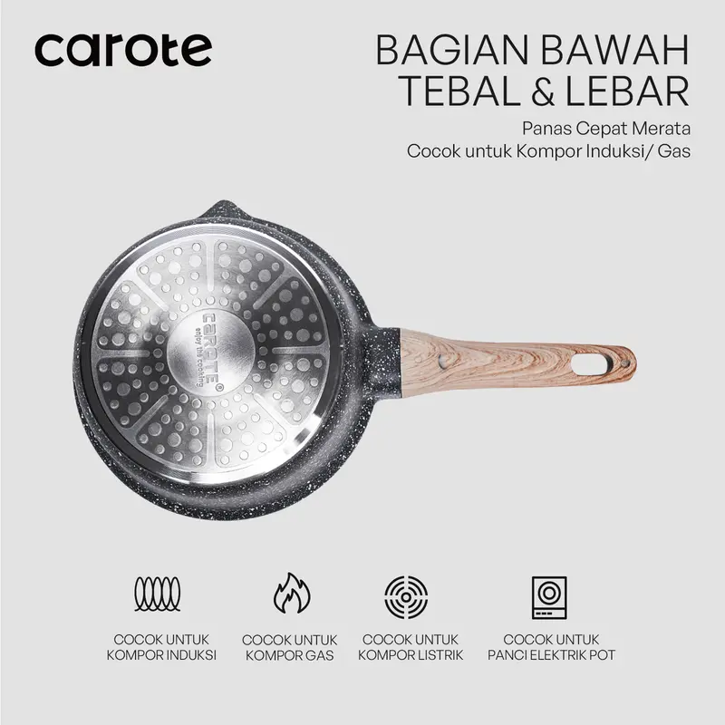 CAROTE Panci Susu Satuan 16/18/20cm Lapisan Granit Anti Lengket Dilengkapi Dengan Tutup Kaca Cocok Untuk Semua Jenis Kompor Mudah Dibersihkan Free PFOA Essential Woody Hitam 3
