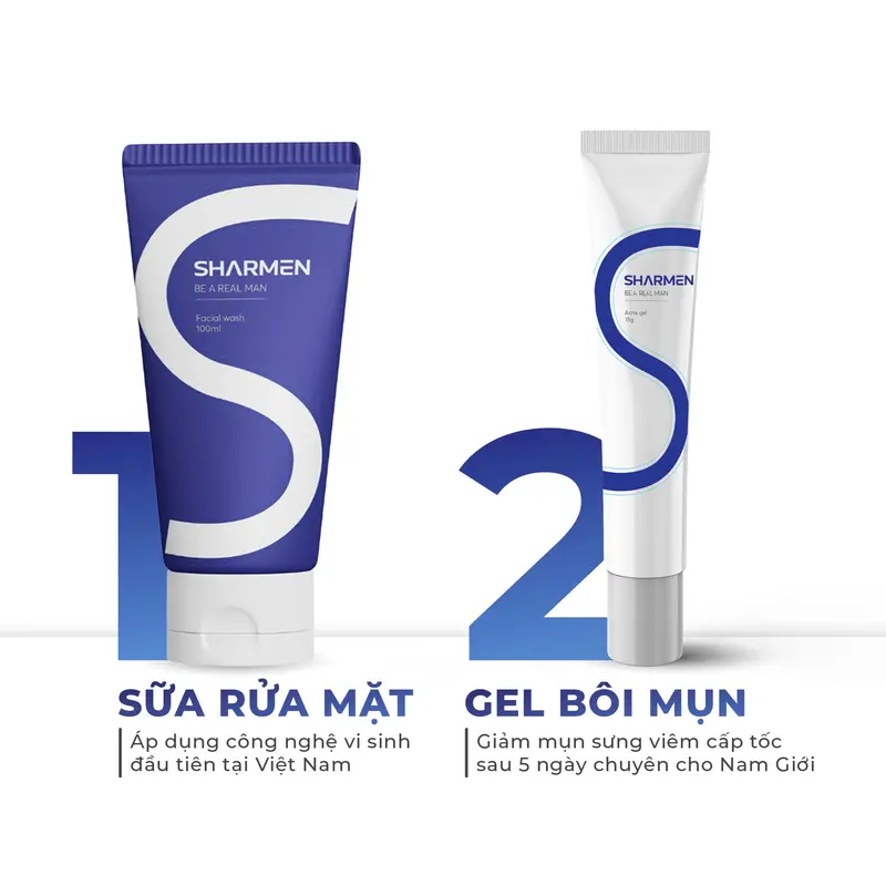 COMBO SMASH DUO Chăm Da Dầu Mụn Nam Giới - 1 sữa rửa mặt 1 Gel Bôi mụn SHARMEN cho Nam Giới - Sạch sâu, giảm mụn, kiềm dầu dưỡng sáng mờ thâm 1