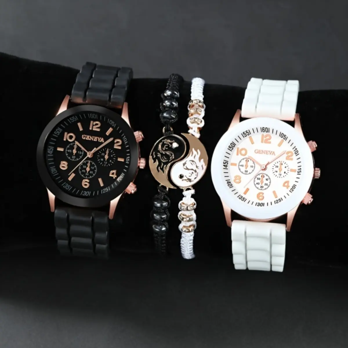 Geneva Quartz Couple Watches Set with Silicone Band, Alloy Case, 4 ...