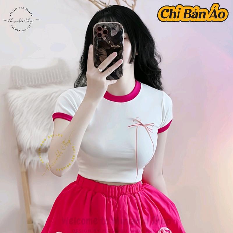 [Bán Áo, Dáng Ngắn, Dáng Ôm] MLS136 Áo Croptop Borip Ôm Body Nữ Form Basic Cổ Tròn Tay Ngắn Đính Nơ Dài Lệch Tâm, MLS136, Women Thun Sen Sò Hoa Sen Trắng Kem Tre Sơ Mi