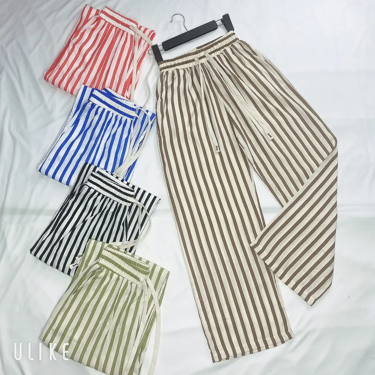 Quần suông ống rộng kẽ sọc chất linen thái loại 1 Nữ Women Voi Voan