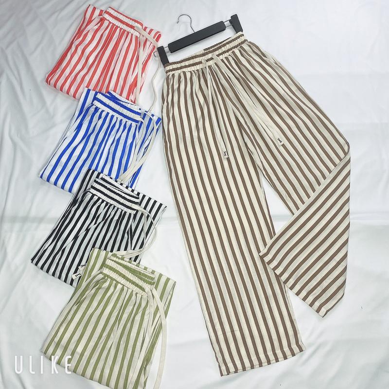 Quần suông ống rộng kẽ sọc chất linen thái loại 1 Nữ Women Voi Voan