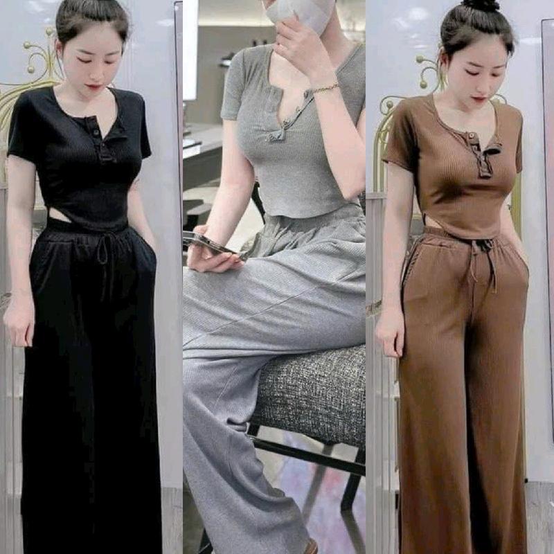  Set Áo Croptop Vạt Bầu Tay Ngắn Cổ Vuông Gài Nút Ôm Body Và Quần Dài Ống Suông Rộng set bộ nữ Women Thun 