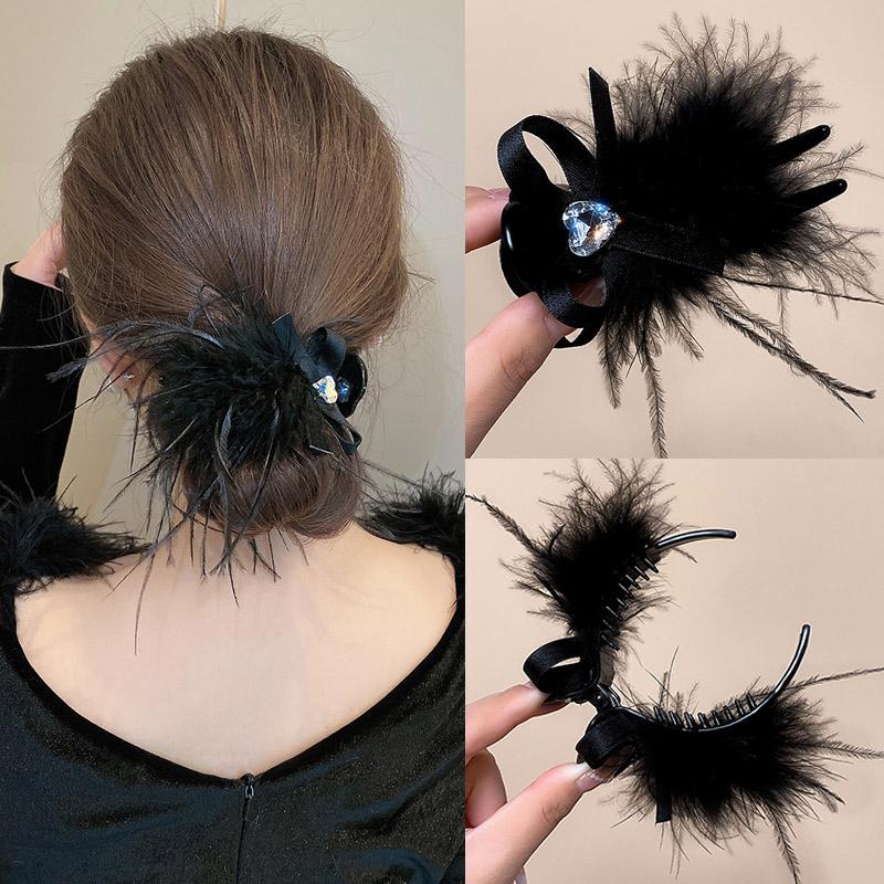  Kẹp Tóc Đuôi Ngựa Đính Kim Cương Giả Thiết Kế Lông Vũ Đen Thanh Lịch Kẹp Tóc Nhỏ Kẹp Tóc Nữ Kẹp Búi Tóc Phụ Kiện Cài Tóc 