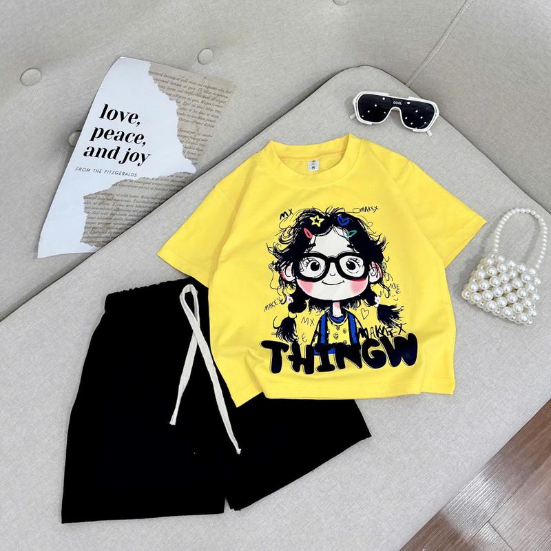 [Shop Tôm Tít] B117- Bộ Quần Áo Cho Bé Gái 15-25kg, Chất Cotton, In Hình Cô Gái Phối Quần Thun 2