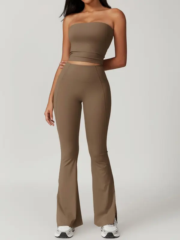 Two-Piece Set Women's Solid Crop Tube Top & High Waist Flare Leg Tracksuit Set, Sporty Breathable Comfortable Outfits for Yoga Gym Workout Running, Ladies Sportswear for Fall 2