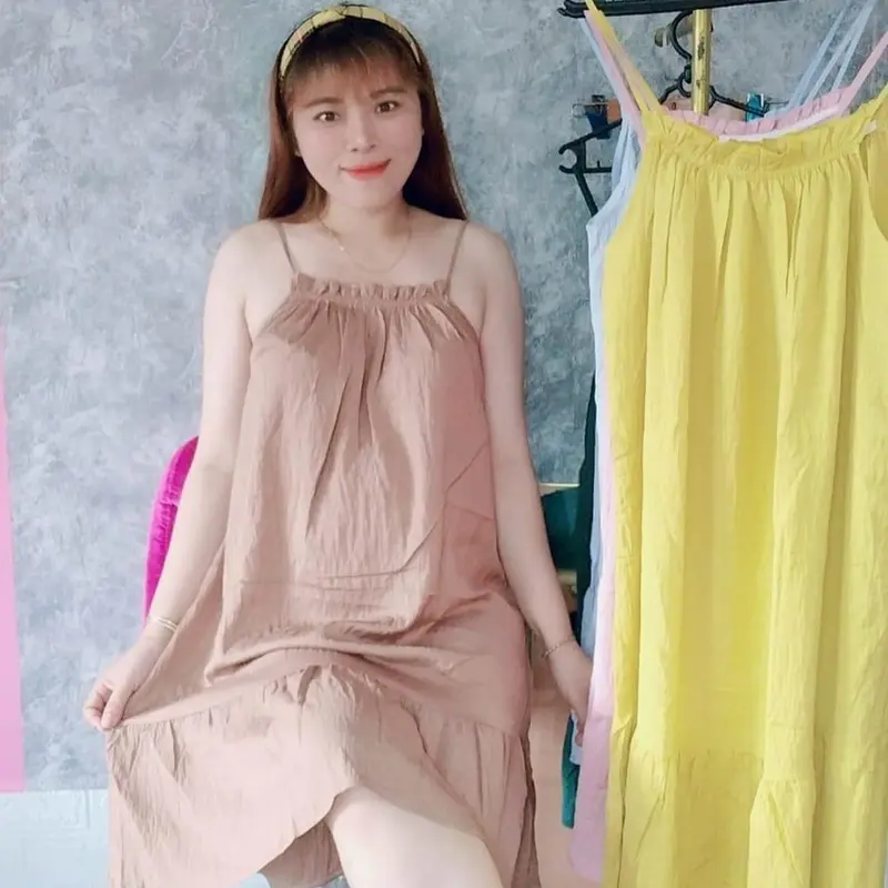 Váy nữ hai dây vải Đũi xốp mềm mát Freesize từ 40-60kg Đầm Women Dress Đỏ Khuy Umi 5