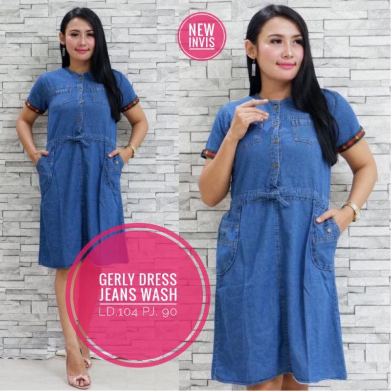 Dress Jeans Wanita Lengan Pendek Serut Busui Super Premium  Model Terbaru Kekinian Polos Karet Casual