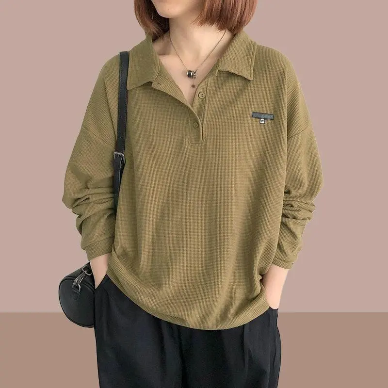Áo Hoodie Cổ Polo Bánh Quế, Hàng Mới Về Mùa Xuân Và Mùa Thu, Màu Trơn Dáng Rộng Rãi Và Dễ Phối Đồ, Thời Trang Cổ Điển Áo Áo Chui Đầu Thường Ngày Cho Nữ