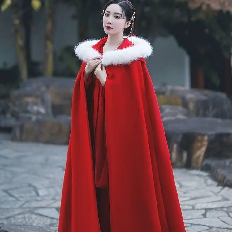 Áo Choàng Đỏ Lớn, Quần Áo Trung Quốc Hán Nữ, Mới, Cổ Lông Dài, Lông Cừu Dày, Phong Cách Trang Phục Cổ Xưa Khăn Choàng, Ấm Áp Mùa Đông, Làm Bằng Bông Quàng Cổ Women