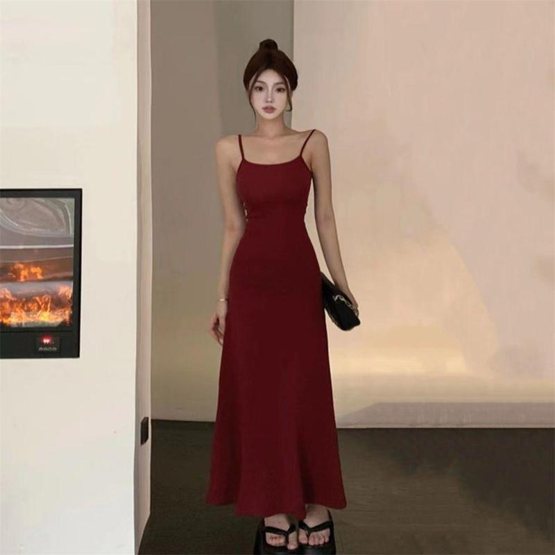 Product Introduction of Summer Dress Hot Girl Elastic Strap Dress Women Sleeveless Off-Shoulder Waist-Cinching One-Shoulder Base Long Dress 9