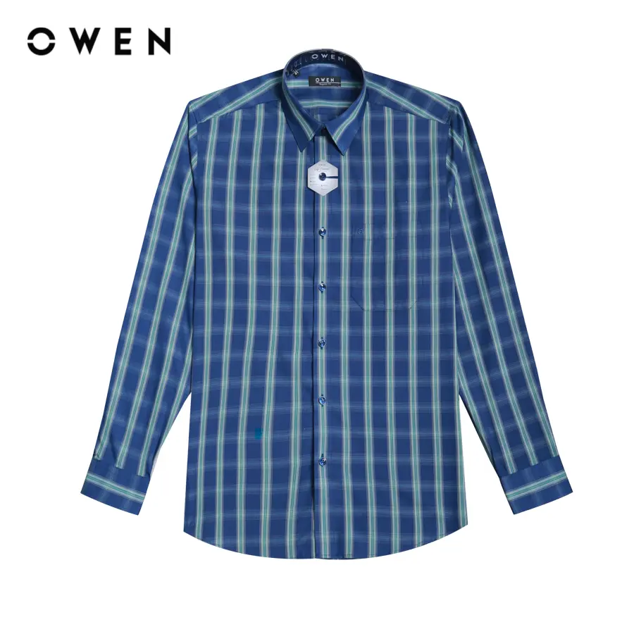 OWEN - Áo sơ mi Nam dài tay Regular Fit AR220879DT màu Xanh lá chất liệu Cafe Có Cổ   Hoạ tiết Kẻ caro Menswear