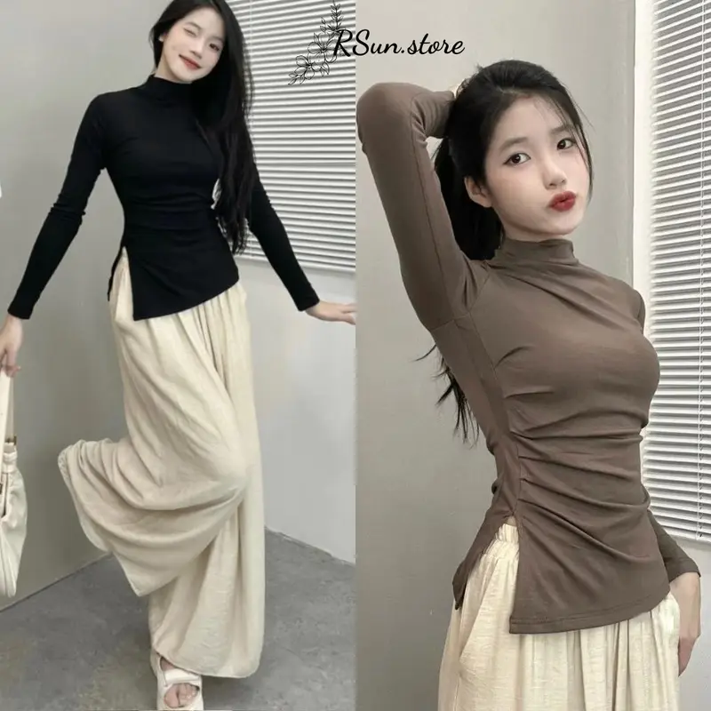 Áo giữ nhiệt cổ 3 phân nhúm sườn bigsize RSun, Áo cổ leo dài tay xẻ tà bigsize 222 Nữ Top 0