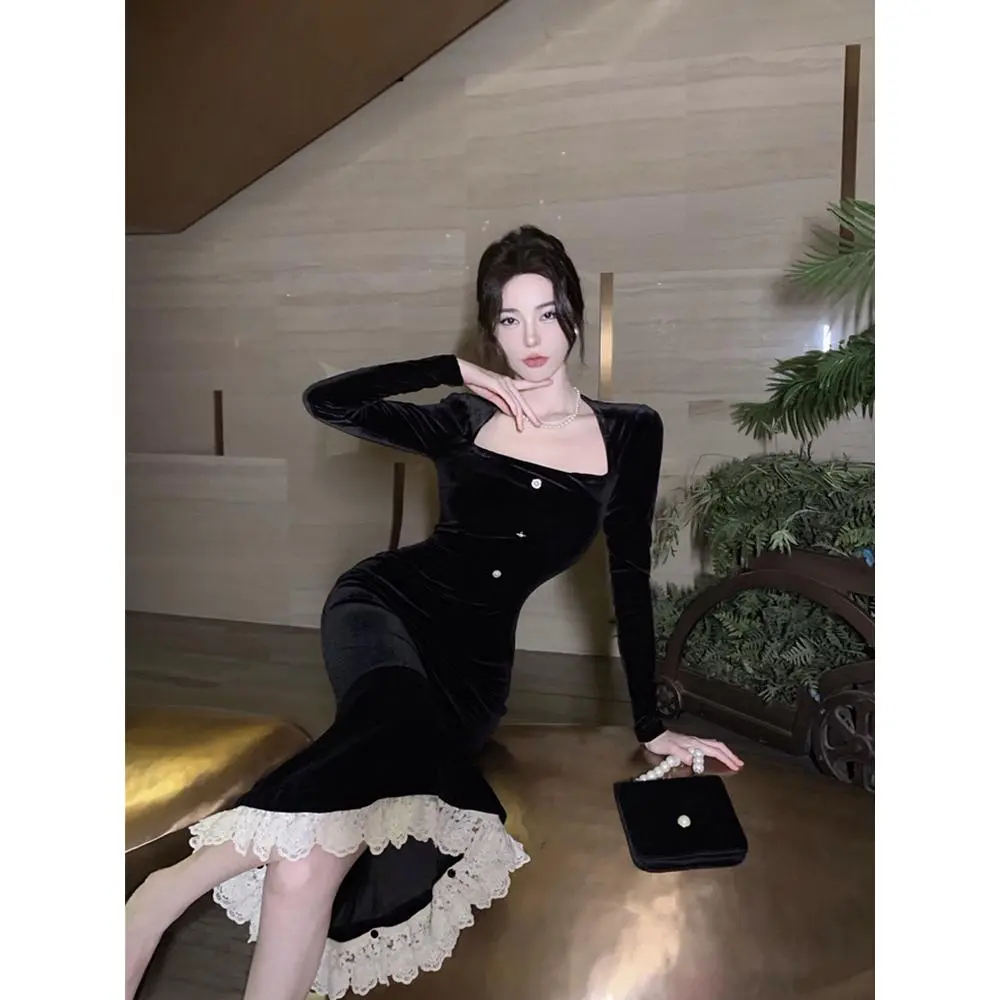 Váy Nàng Tiên Cá Màu Đen Cổ Vuông Kiểu Pháp Váy Bodycon Nhung Dáng Ôm Nhẹ Nhàng Cổ Điển Mùa Đông Cho Nữ Váy Dài Thanh Lịch