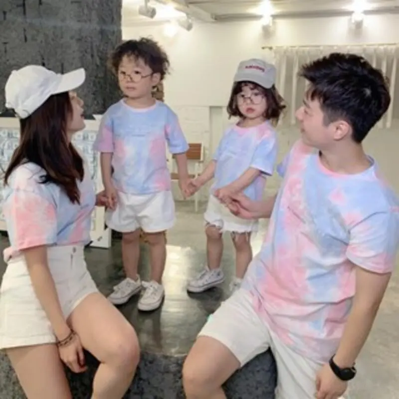 Bộ Đồ Mặc Cho Bố Mẹ-Bé Ren Con, Trang Phục Mùa Hè, Phong Cách Phương Tây Một Ba Hoặc Bốn, Thời Trang Khác Nhau, Tie-Dyed, Áo Phông Ngắn Tay, Bộ Đồ Gia Đình Nữ Women
