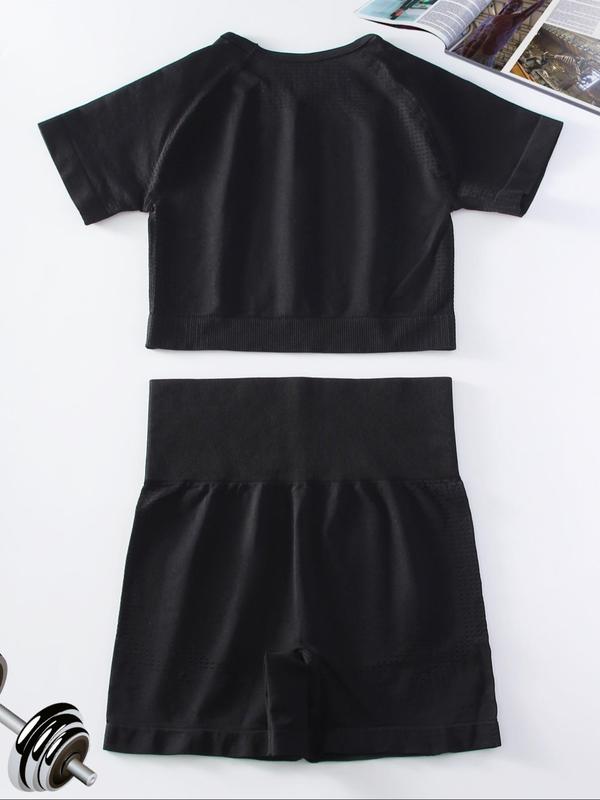 2 Counts Women's Basic Solid Raglan Sleeve Short Sleeve Crop Top & High Waist Shorts Tracksuit Set, Sporty Breathable Outfits for Summer Yoga Workout Running, Chav Sets 1