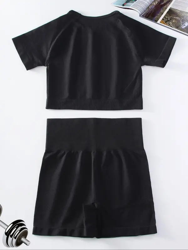 2 Counts Women's Basic Solid Raglan Sleeve Short Sleeve Crop Top & High Waist Shorts Tracksuit Set, Sporty Breathable Outfits for Summer Yoga Workout Running, Chav Sets 1