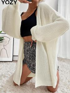 YOZY Women's Solid Drop Shoulder Long Sleeve Cardigan, Casual Open Front Knitwear for Fall & Winter, Women's Knit Clothing for Daily Wear
