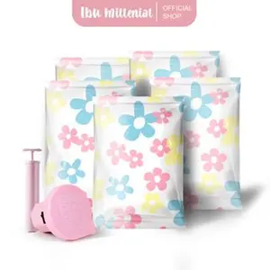 IBUMILLENIAL Plastik Vacuum Kantong Pakaian Travel Motif Bunga Anti-air Dipakai Berulang Klip