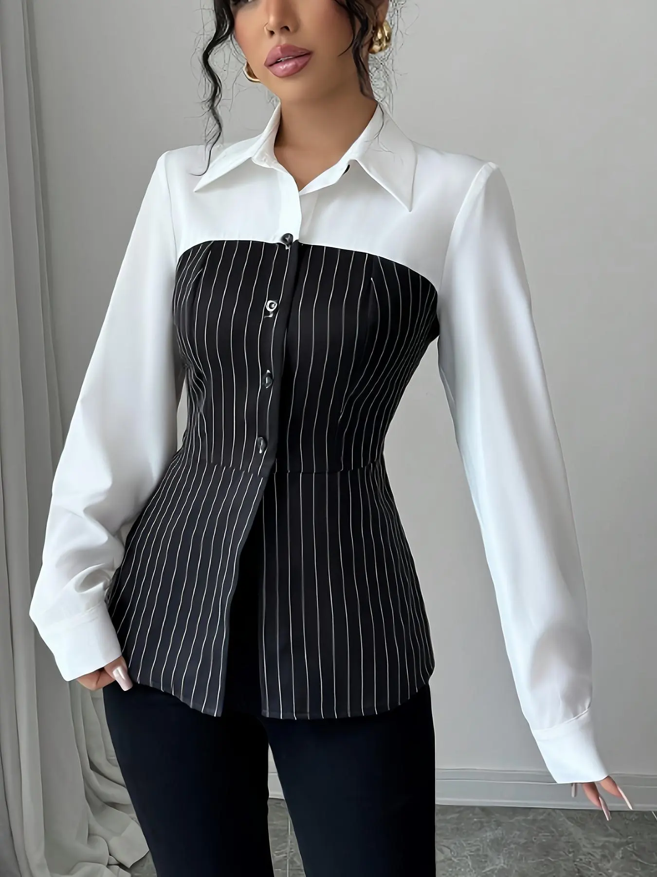 Women's Striped Print 2 in 1 Blouse, Casual Elegant Long Sleeve Collared Top for Spring & Fall, Women's Clothing for Daily Wear