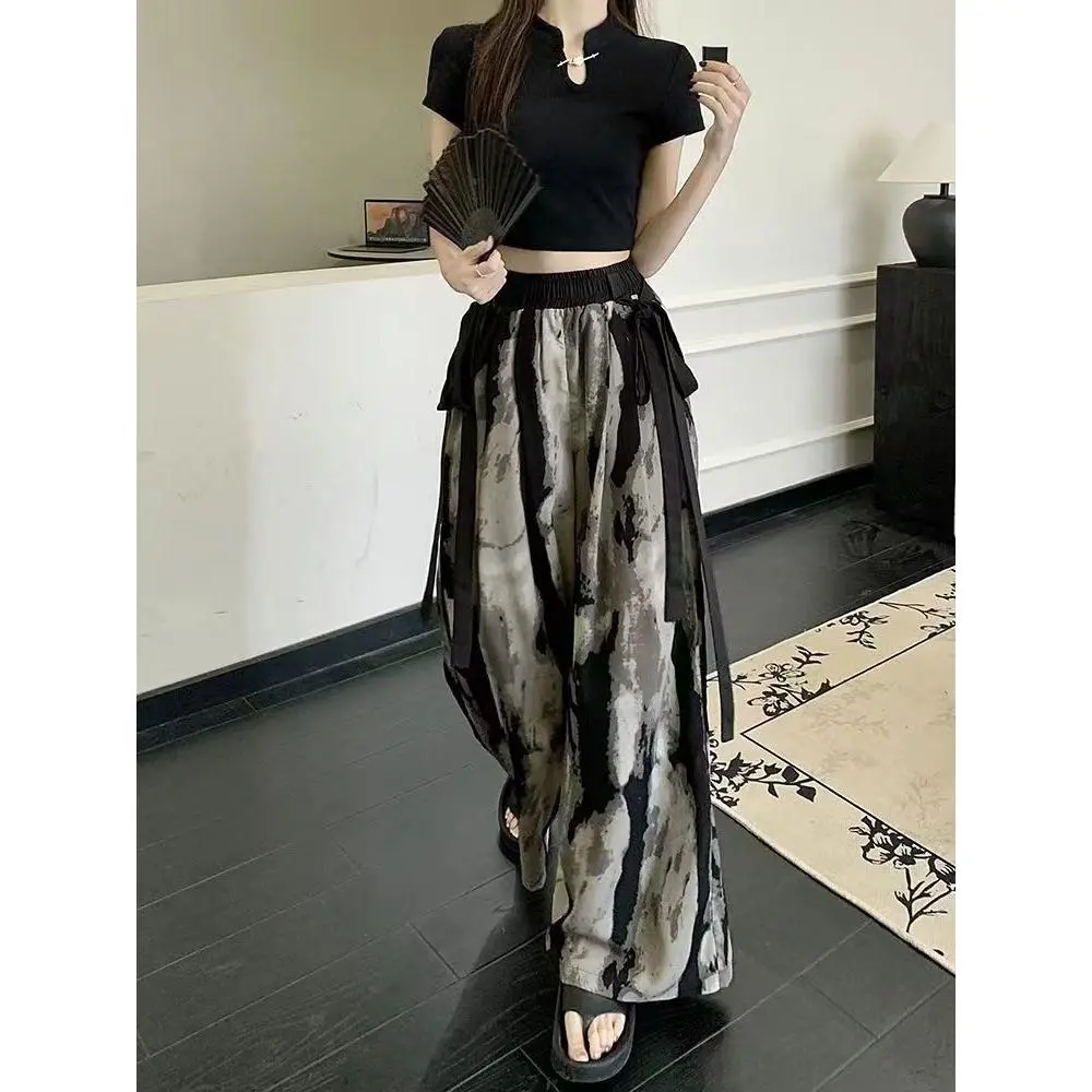 Quần Ống Rộng Mỏng, Phong Cách Trung Quốc Mới, Dành Cho Nữ, Xếp Ly, Ruy Băng Mùa Hè, Dáng Rộng Vừa Vặn, Thiết Kế Mực, Lau Nhà Thường Ngày, Phong Cách Quốc Gia, 2024 Women Pants