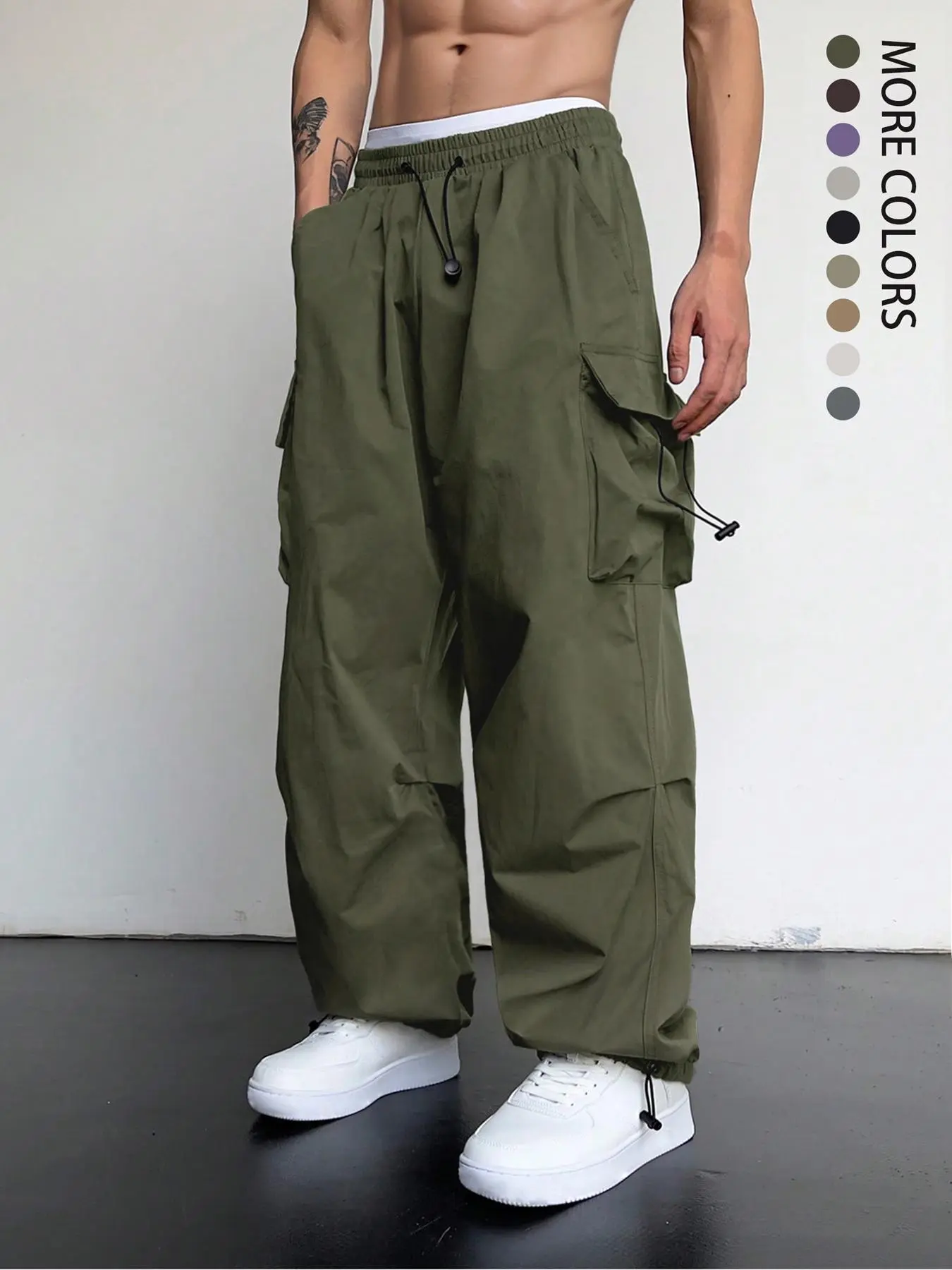 Men's Plain Pocket Drawstring Waist Cargo Pants, Pants for Men, Loose Street Stylish Wide Leg Trousers, Men's Bottoms for Spring & Summer, Construction Workwear, Men Cargo Pants, Men's Clothing, Menswear, Pants for Men, Work Trousers Men, Work Pants Men