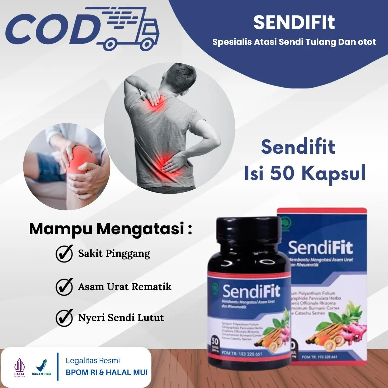 Herbal Sendifit Untuk Sakit Pinggang, Asam Urat, Rematik, Kaki Bengkak, Nyeri Lutut, Kesemutan, Keseleo, Sarap Kejepit 50 Kapsul