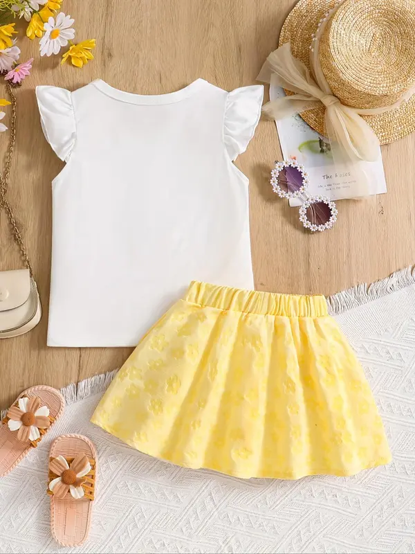 Toddler Girl's Sunflower Print Tee & Denim-Effect Print Skirt Two-Piece Set, Casual Short Sleeve T-shirt & Skirt for Summer, Kids Clothes for Daily Wear 1