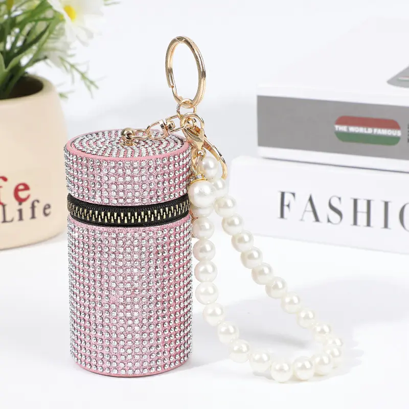 New Stylish Rhinestone Cylindrical Lipstick Bag for Women Fashion Portable Zipper Coin Purse Mini Cute Coin Bag with Keychain